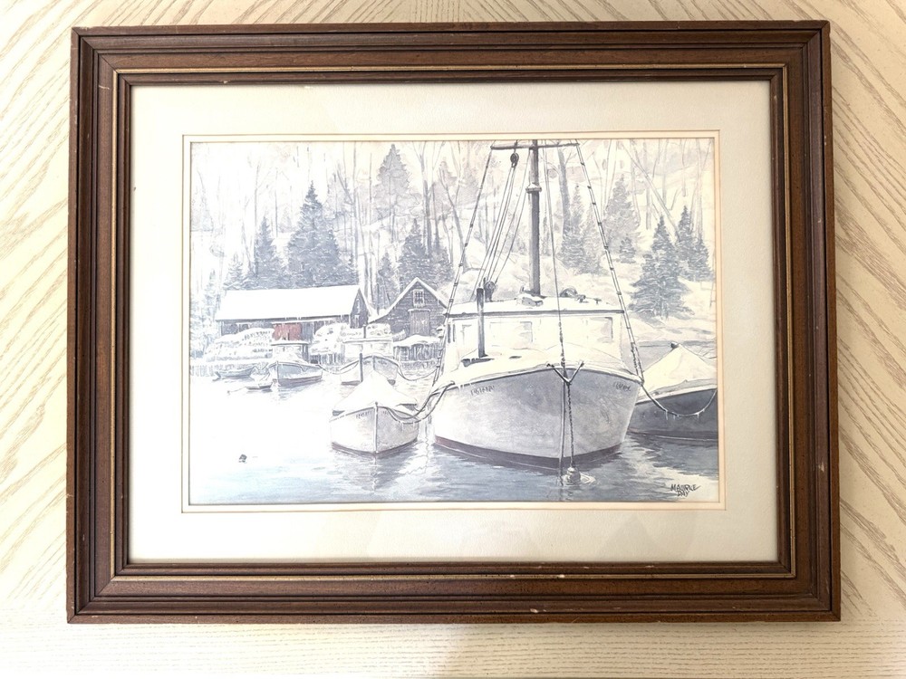 Old Watercolor Winter Marina Boat Signed Maurice Day (1893-1983) Framed 21×28”