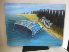 OOAK Lot of 3 original paintings collage boats 24×18 signed canvas Gallery Wall