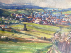 Oil Painting Landscape With Church And City B. Nova Signed Berge Meadows Antique