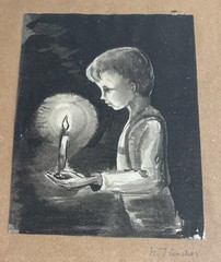Vintage Watercolor Pencil Signed Young Boy Candlelight Signed H Tischer