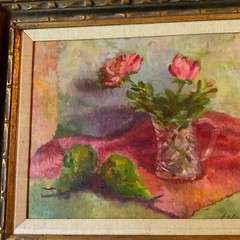 VINTAGE 80s floral flower original hand painted oil PAINTING by E Black pinks