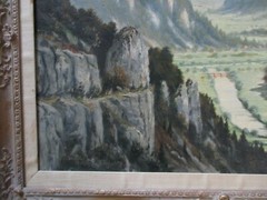 VINTAGE OIL PAINTING MOUNTAIN RANGE LANDSCAPE CASTLE VILLAGE TOWN SIGNED 1950’S