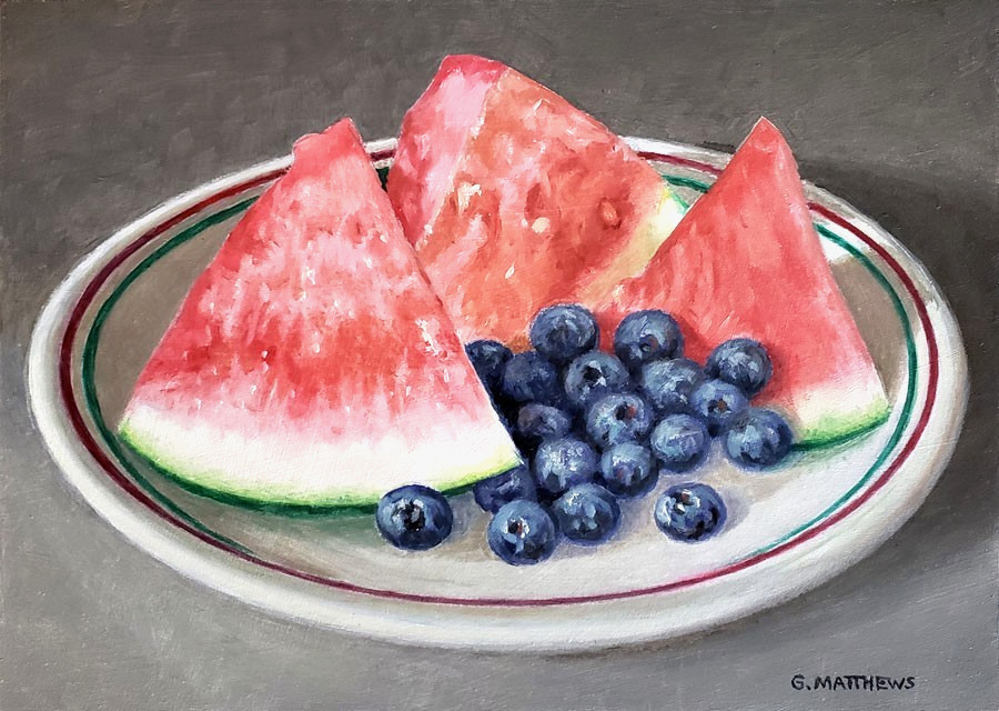 Original oil Painting Still Life Watermelon & Blueberries small 6×8 in. New 7- 1