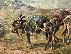 Vintage original Wolfang Pogzeba donkey mountain oil painting on board landscape