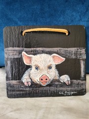 Pig on slate painting signed Judy Transeau 1992 5″ by 4.5″ folk art