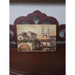 Vintage Mediterranean Village Oil Painting 7×5 Spanish Mission Church Scene