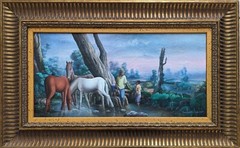 ORIGINAL HAITIAN ART PAINTING BY CARLOS JN. BAPTISTE FARMERS LANDSCAPE HORSES 24