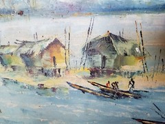 Early 1970s Expressionist Oil Painting Of Nigerian Fishing Village On the Water