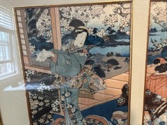 1830’s Kunisada Antique Japanese Woodblock Print Ukiyo-e Kimono Triptych 38”x22”