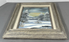 Winter Landscape Oil Painting Signed Barrister, Snow Scene in Rustic Wood Frame