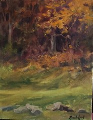 Girl picking Berries Woods original oil painting Margaret Aycock 16x29canvas
