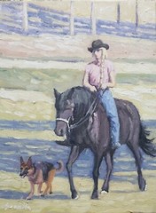 Sean Wu original oil 12×16 on stretched canvas, riding horse while walking dog
