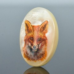 Original Hand Painted Fox Mother-of-Pearl Shell Cabochon Miniature Art 25x18mm