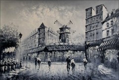 Old Paris Street w/ Passengers, Hand Painted Oil Painting B/W 24x36in