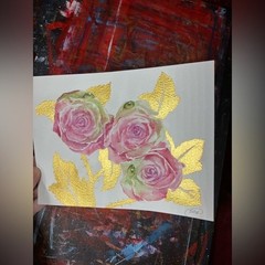 Original Pink Roses painting Watercolor Valentine Art Gold Leaves Artettina USA