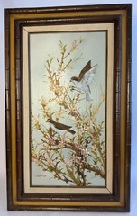 2 Birds Cherry Blossoms Oil Painting by C. Jeffrey MCM Faux Bamboo Frame 32×19