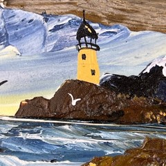 Original Hand Painted Driftwood Art Lighthouse Sailboat Seascape Signed Bianchi