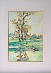 Vintage Watercolor Painting Landscape with Rustic Wooden Frame c. 1930-40
