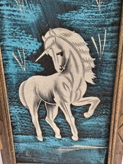 Vintage 1970s BLACK VELVET UNICORN PAINTING FRAMED Art 23×14 3/8