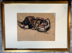:AQUARELL PORTRÄT SCHLAFENDE BETTLERIN KISSEN 15. 08. 1962 ZEICHNUNG RAHMEN