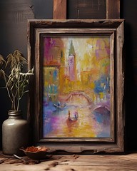 Venice Canal Sunrise Oil Painting Impasto 8×12″ Gondolas Palette Knife Original