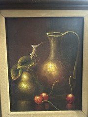 Vtg Framed Original Oil Painting Pear Cherries Copper Pitcher Velvet Liner
