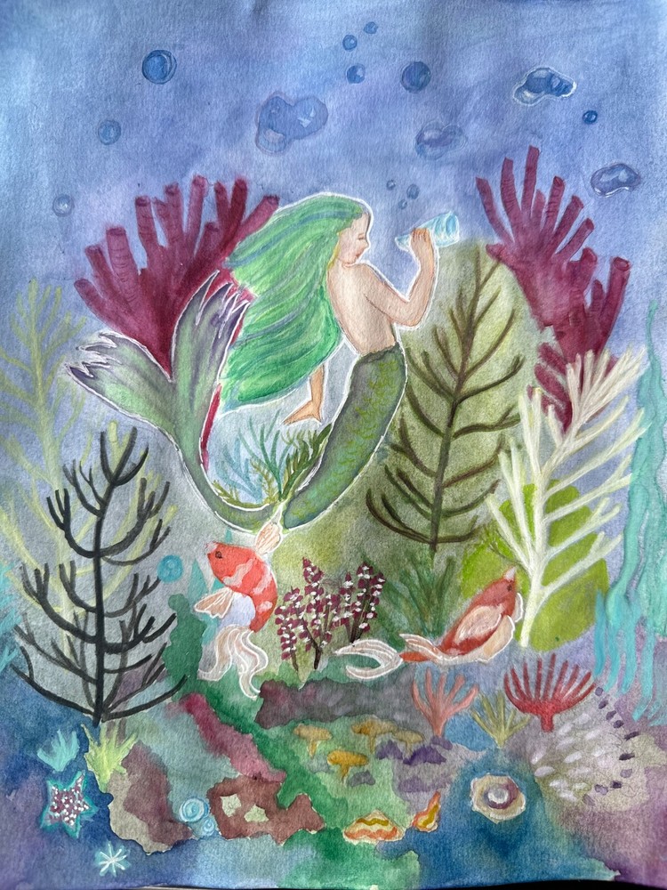 ORIGINAL Gouache Mix media MERMAID 8″x10″ by RLL Handmade