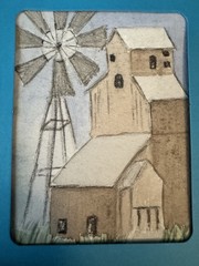 ACEO “Wind & Grain” Watercolor By DBossert Features Grain Elevator And Windmill