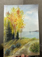 Landscape Bright orange autumn river Sea Boat Seascape Original watercolor