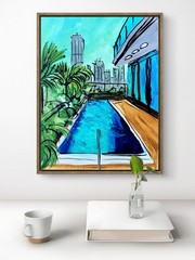 TITA PAINTZ Rooftop Pool Cityscape Original Abstract 11×14 Canvas Wall Art