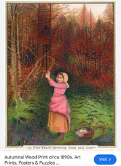Antique Oil Painting Peasant Woman with Basket Pink Dress Foraging in the Woods