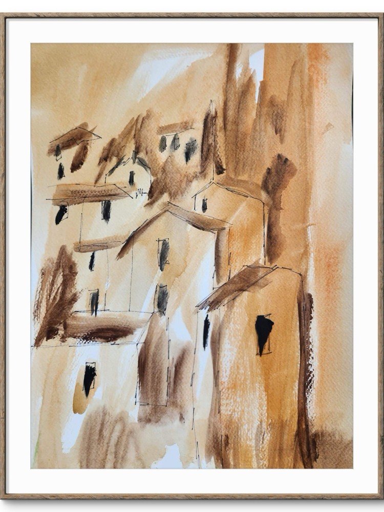 Abstract Hill City Impressionistic Original Wall Art 14X11 Mixed Media Paper