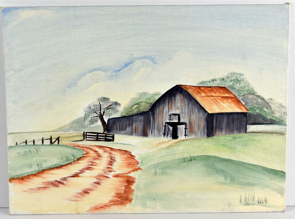 12″ Oil Painting Canvas Panel Lea Mikel Rustic Red Roof Barn Countryside #75