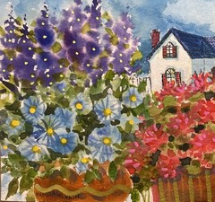 Original Pamela Wilhelm whimsical Garden White House with Red Geraniums shutters