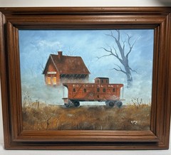 Vintage Rock Island Railroad Caboose Oil Painting – Signed Kathy – 18×15 Framed