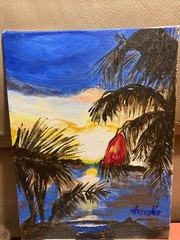 Handmade painting ,Caribbean Sunset 20 cm by 14 cm