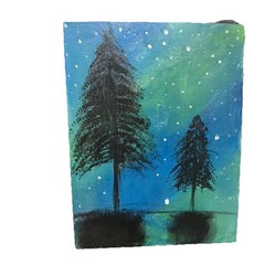 Hand-Painted Trees Night Sky Acrylic Painting on Canvas, Small Contemporary