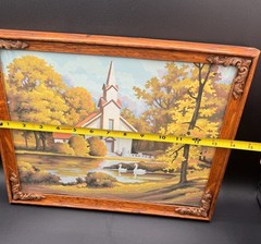 Vintage 90s Country Church in Fall Paint By Number in Ornate Wood Frame Folk Art