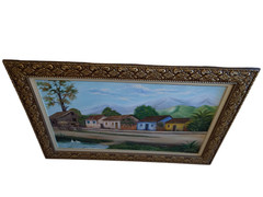 Handmade Oil Painting – Colonial Village Landscape with Mountains and Lake