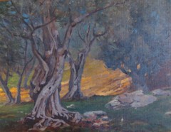 ::ÖLGEMÄLDE BEEINDRUCKENDE BAUMLANDSCHAFT IN DER MORGENDÄMMERUNG