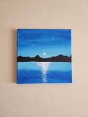 Handmade Acrylic Painting Wooden Frame 10×10 Art Decor Night Mountains Moon Lake
