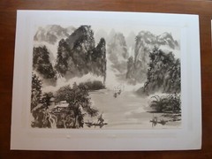 Chinese Landscape Gouache Ink Painting Drawing Mountains and Boats on River