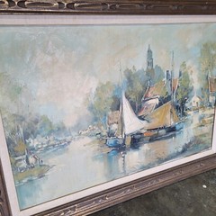J. Rolands Signed 1950s 44×32″ Original Oil on Canvas Painting Dutch Canal Boats