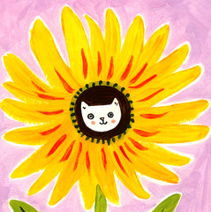 Sunflower Cat Flower Painting, Whimsical Cat Art 8×10