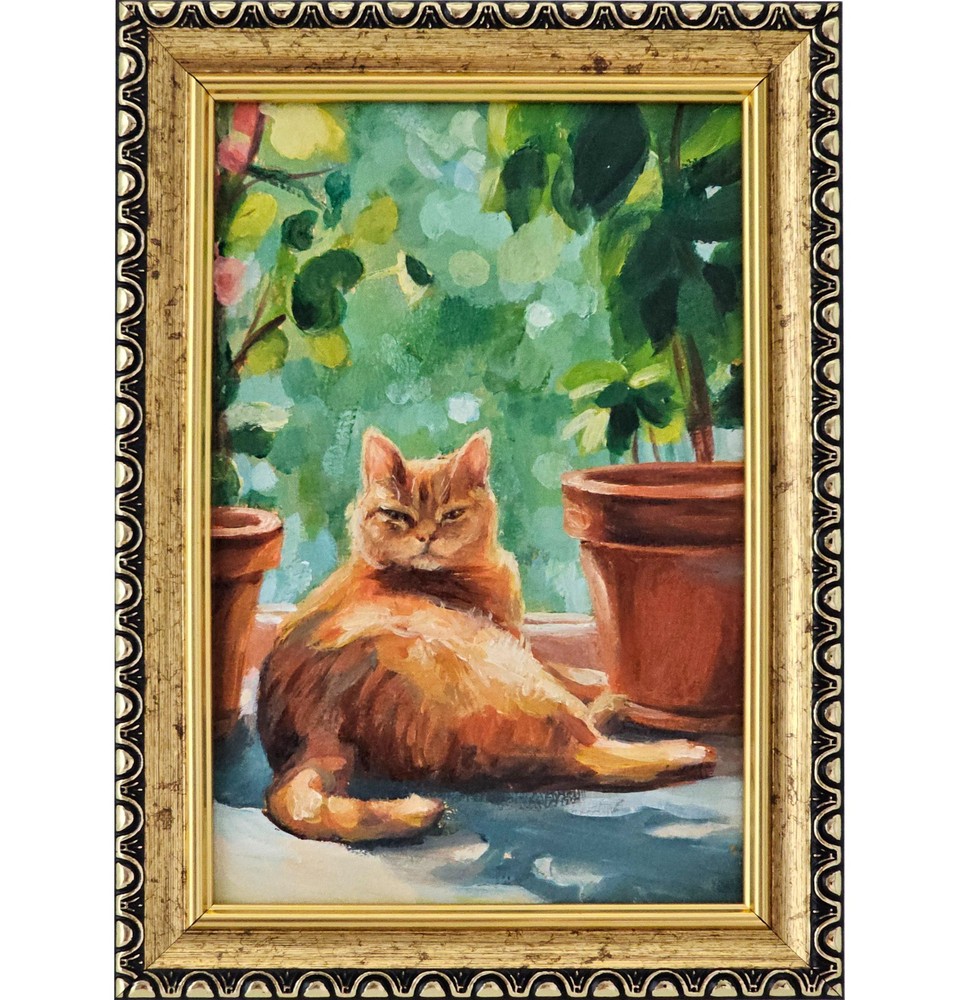 Original Oil Painting Ginger Cat Garden Flowers Pet Animal Art 4×6 Framed