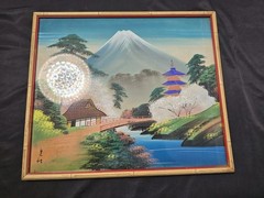 2 Vintage Chinese Waterfall Mountain Paintings on Silk Glass Bamboo Wood Frames