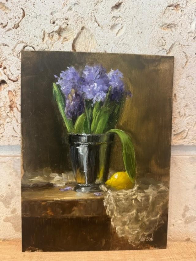 FLOWERS WITH METAL VASE OIL Painting Art Floral Still Life 6X8