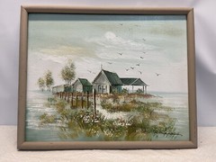 Vintage Painting On Canvas Framed. Church With Out Buildings