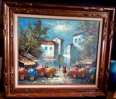 VINTAGE OIL PAINTING „FRENCH MARKET“ SIGNED FRAMED WOOD CARVED FRAME