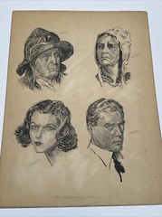 ANTIQUE ILLUSTRATION ART FOR AN ADVENTURE AT SEA CAST PORTRAIT ART DECO DRAWING